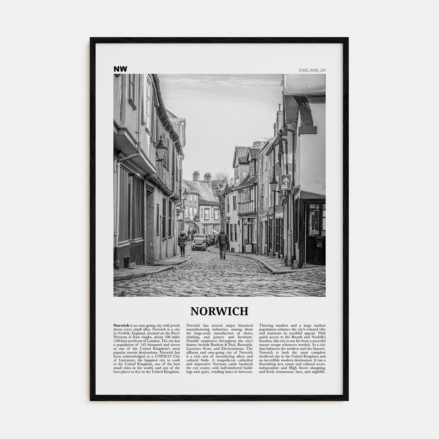 Norwich Poster Black Wood / 8x12 in Nbourhood Travel B&W Poster