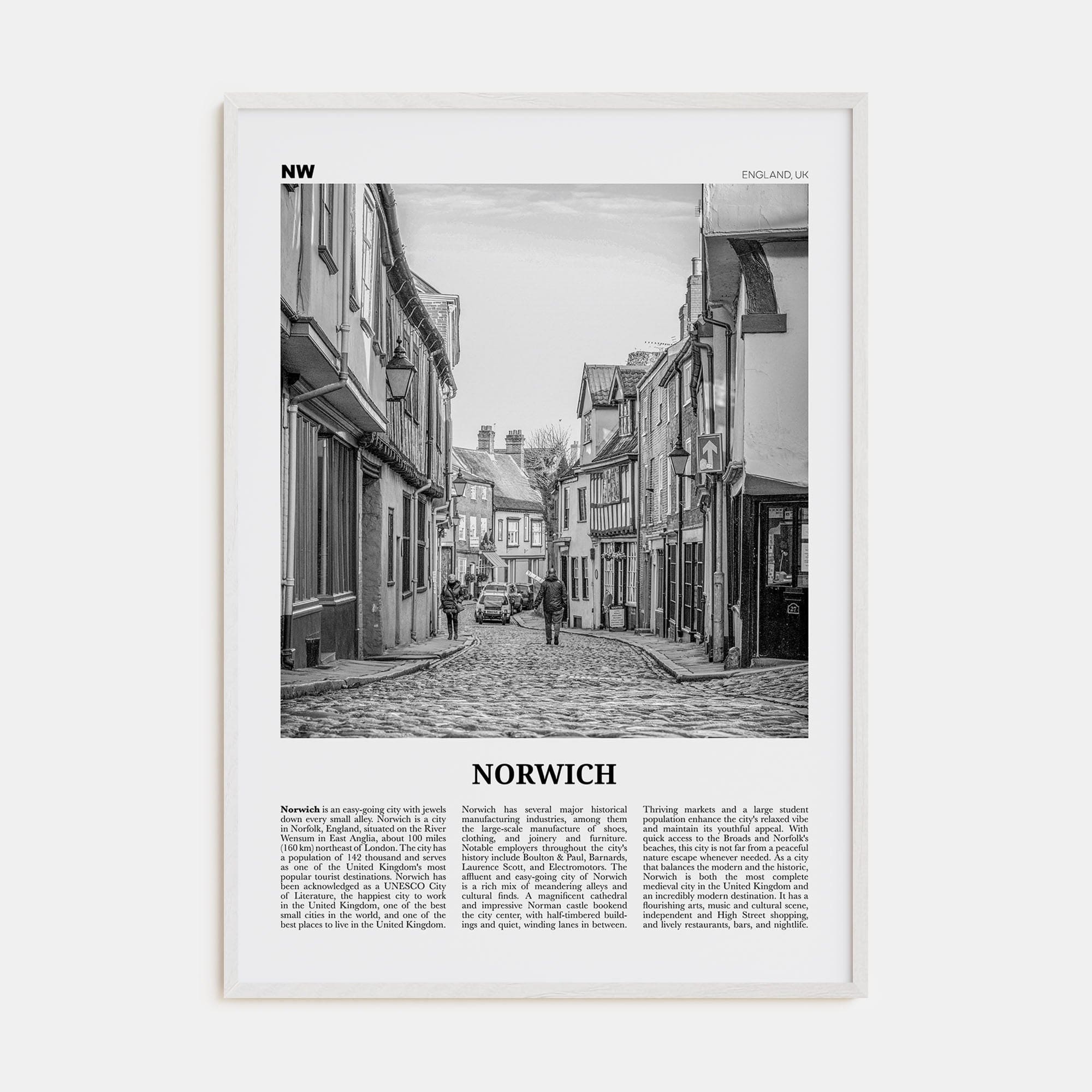 Norwich Poster White Wood / 8x12 in Nbourhood Travel B&W Poster