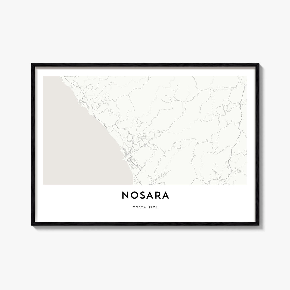 Nosara black & white map poster of Costa Rica – horizontal wall art, unframed print shown in interior mockup