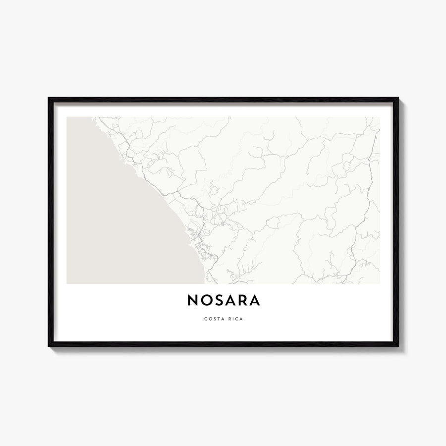 Nosara black & white map poster of Costa Rica – horizontal wall art, unframed print shown in interior mockup
