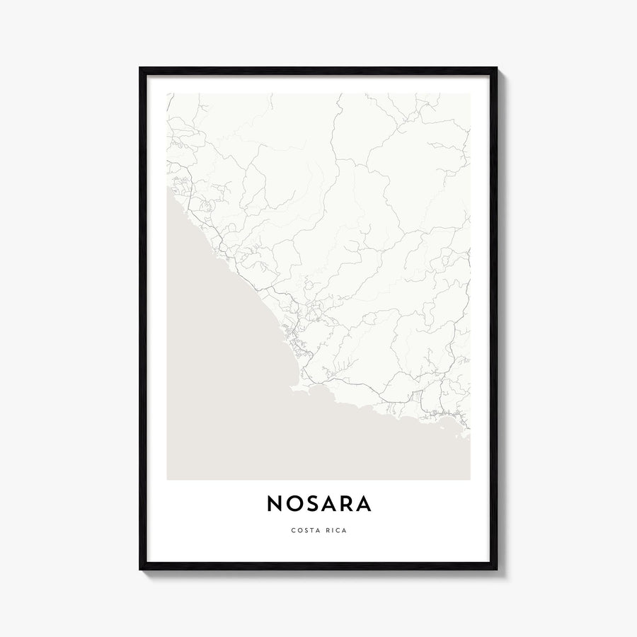 Nosara black & white map poster of Costa Rica – vertical wall art, unframed print shown in interior mockup