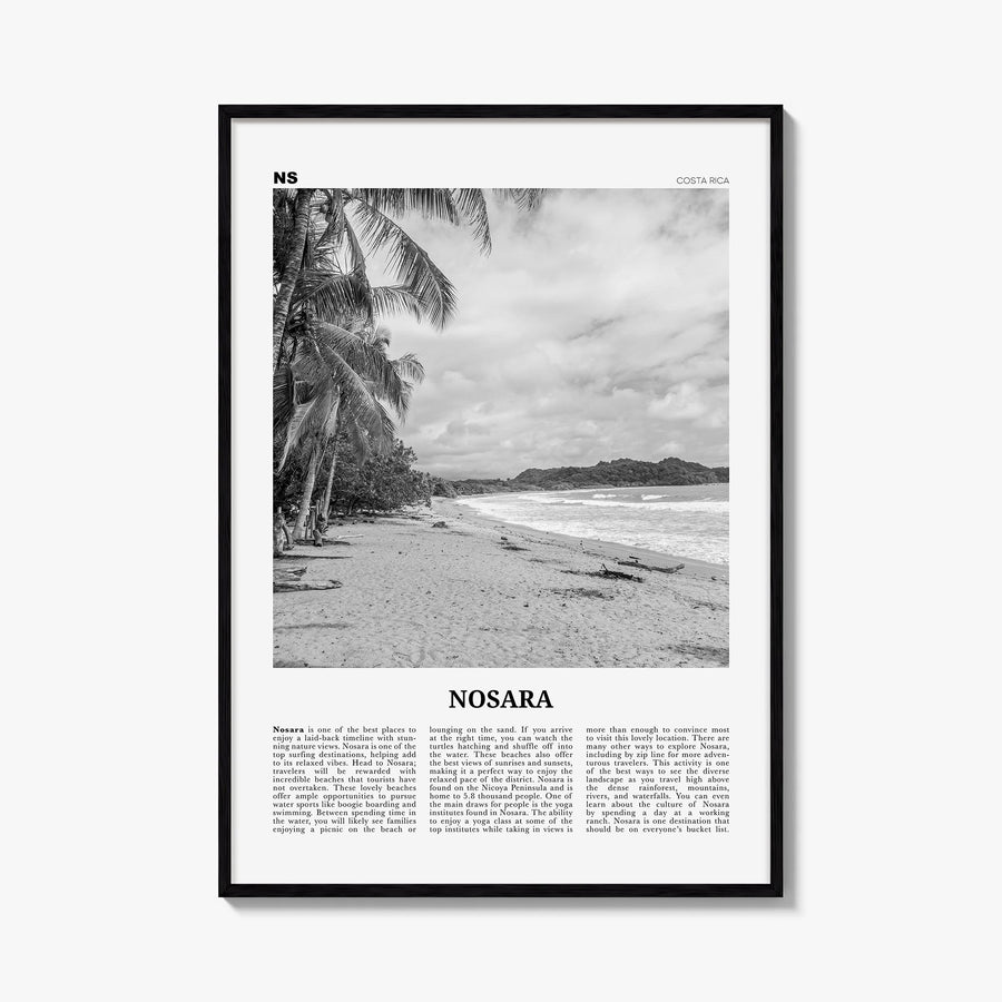 Nosara black & white newspaper poster of Costa Rica – vertical wall art, unframed print shown in interior mockup