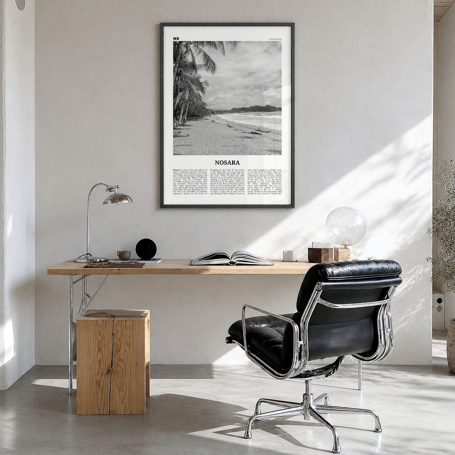Nosara Newspaper Poster in a black wood frame, hanging in a bright home office
