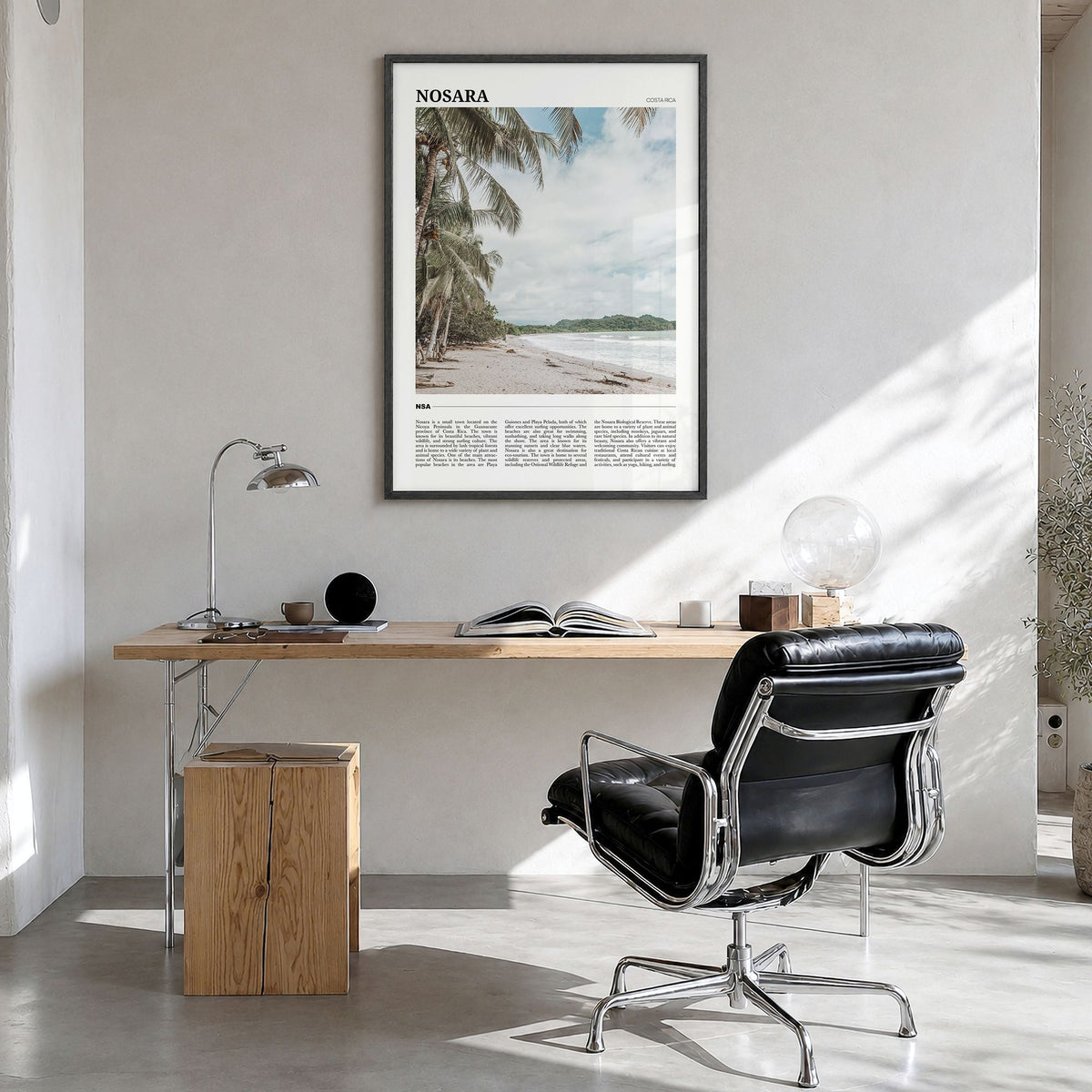Nosara Travel Poster in a black wood frame, hanging in a bright home office