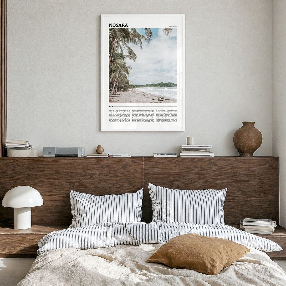 Nosara Travel Poster in a white wood frame, hanging in a bedroom