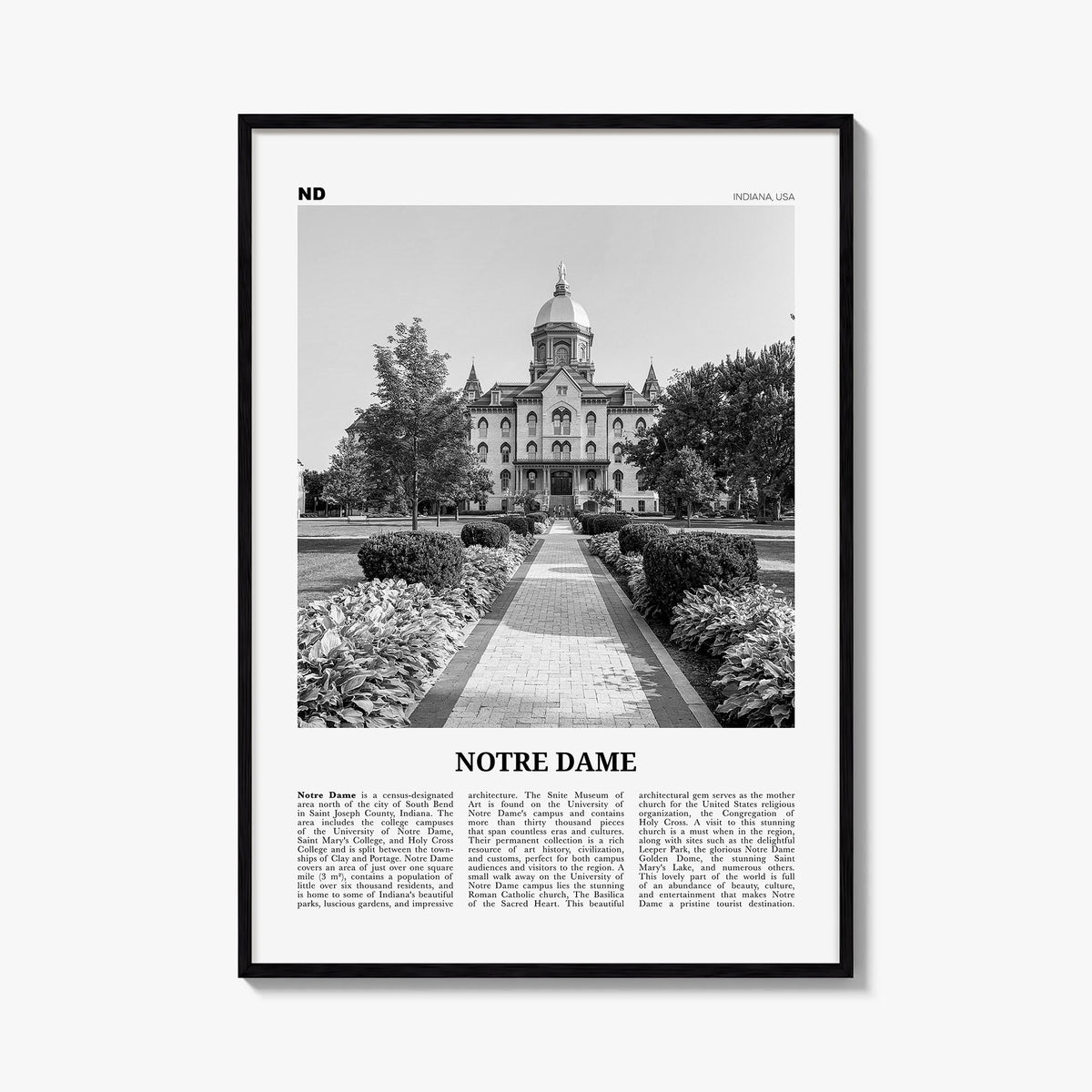 Notre Dame, Indiana black & white newspaper poster of Indiana, USA – vertical wall art, unframed print shown in interior mock