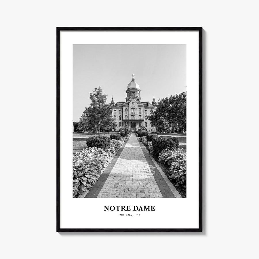 Notre Dame, Indiana black & white classic poster of Indiana, USA – vertical wall art, unframed print shown in interior mockup