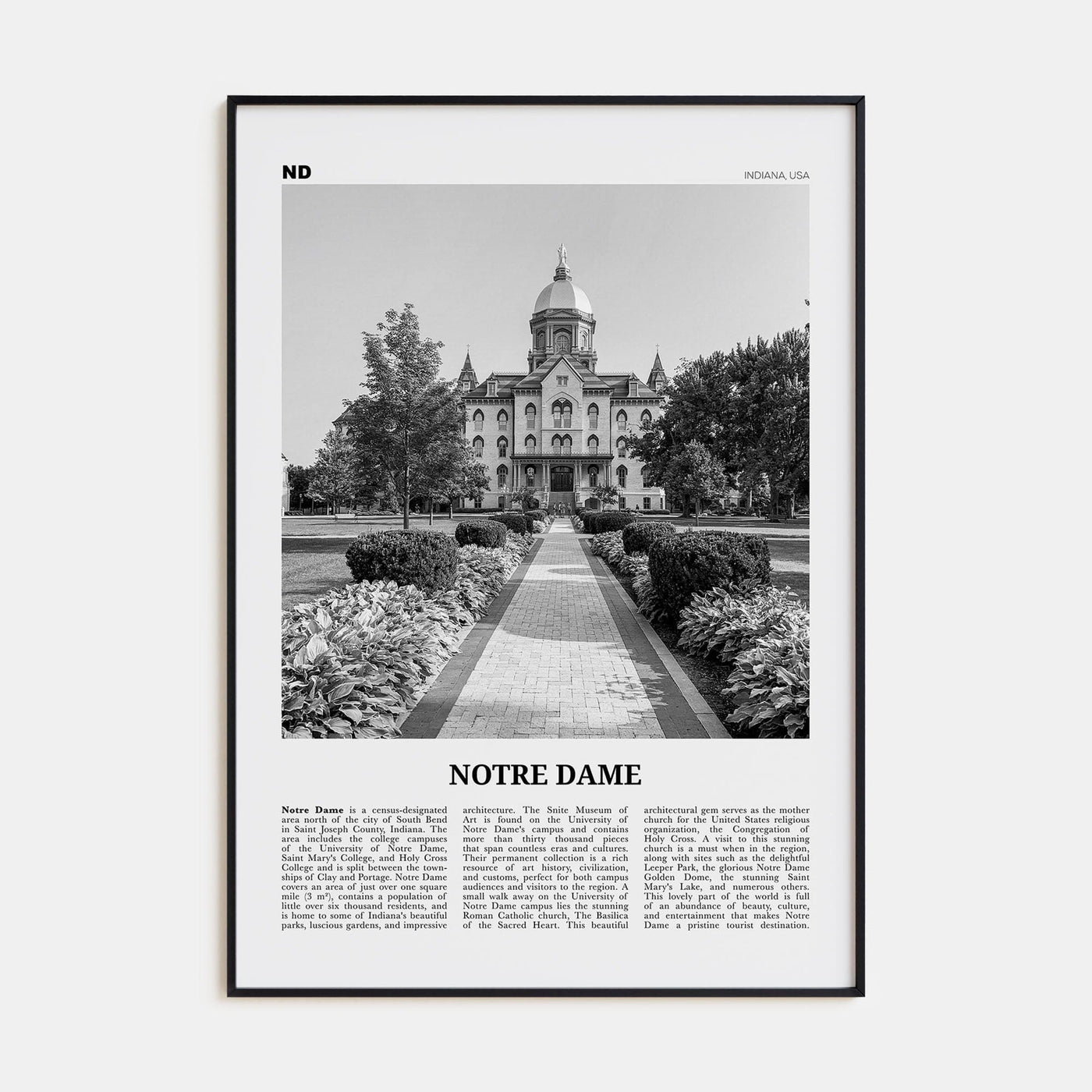 Notre Dame, Indiana Poster Black Metal / 8x12 in Nbourhood Travel B&W Poster