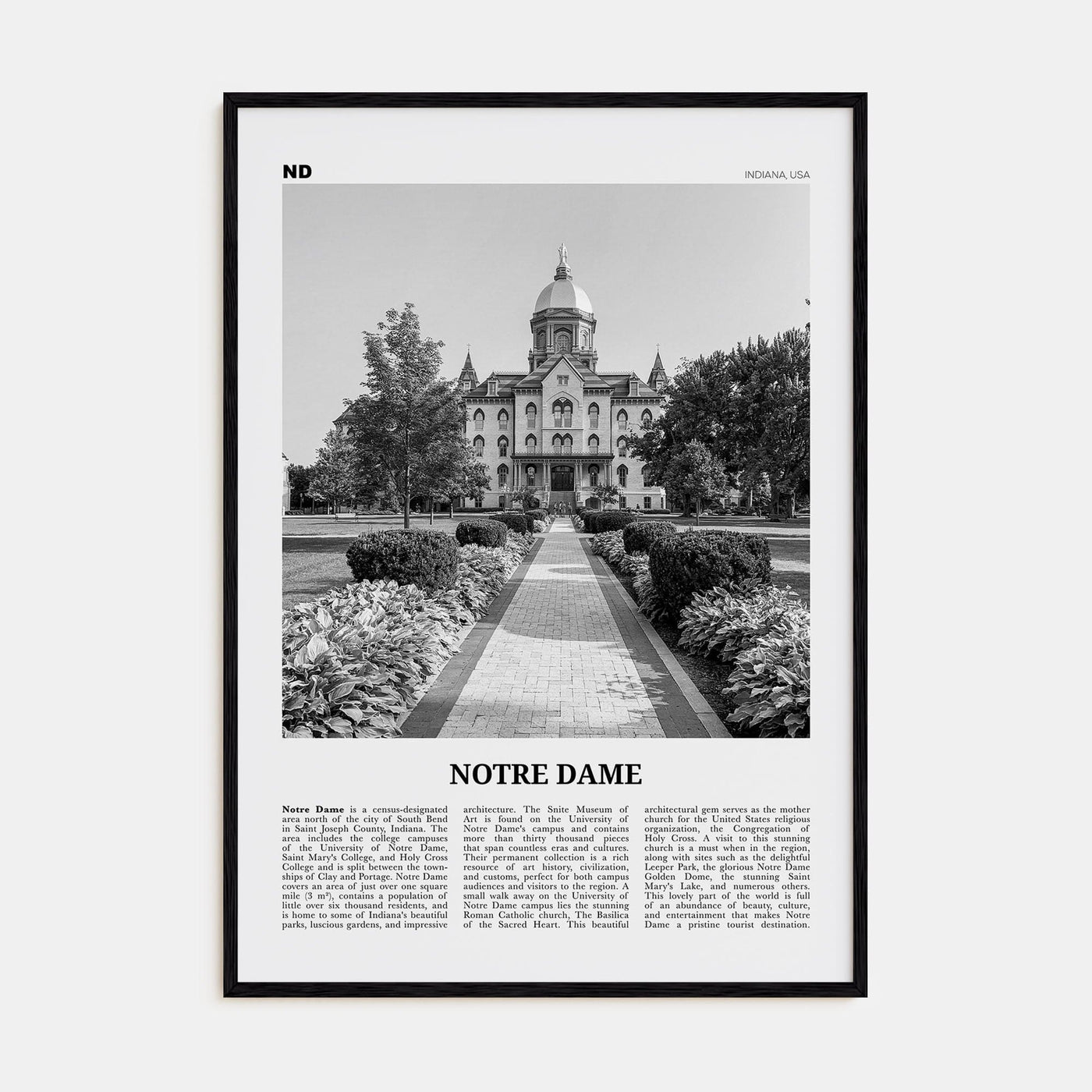 Notre Dame, Indiana Poster Black Wood / 8x12 in Nbourhood Travel B&W Poster