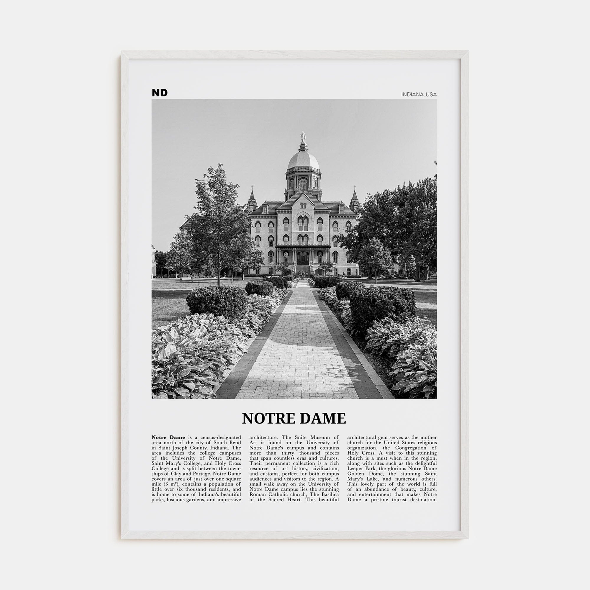 Notre Dame, Indiana Poster White Wood / 8x12 in Nbourhood Travel B&W Poster