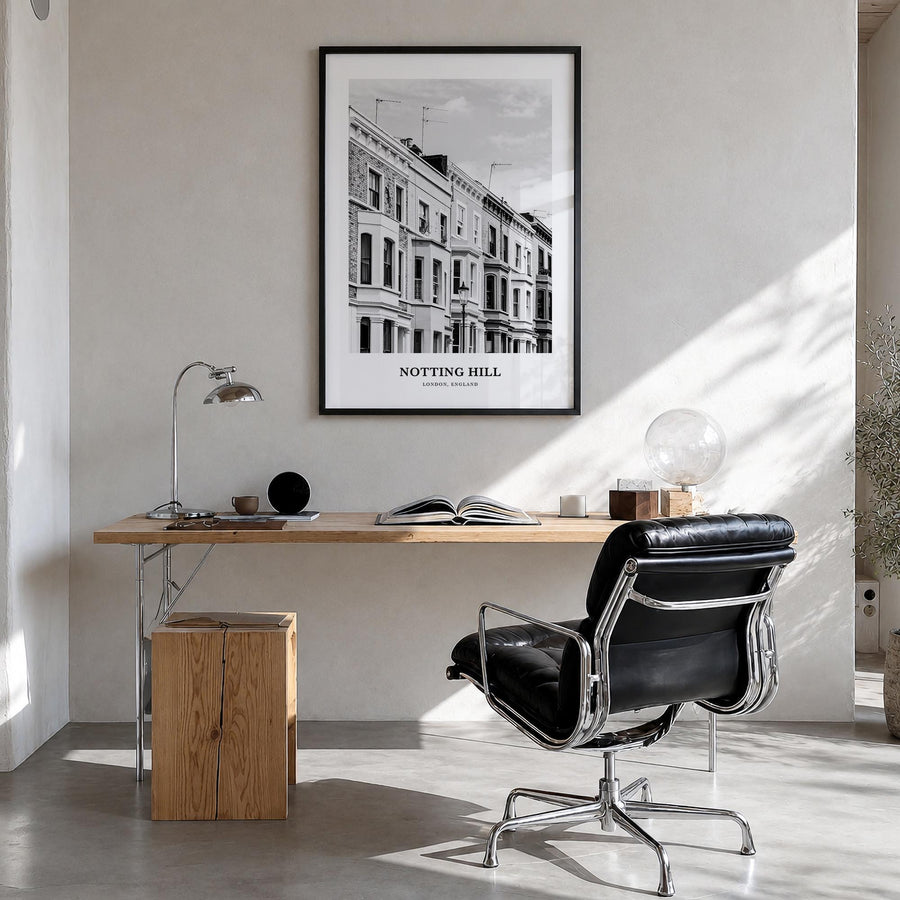 Notting Hill black & white classic poster of London, England – vertical wall art in black wood frame, hanging on wall