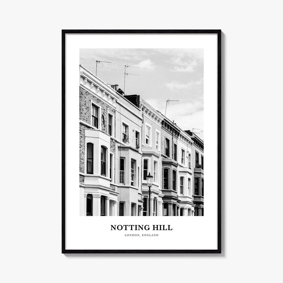 Notting Hill black & white classic poster of London, England – vertical wall art, unframed print shown in interior mockup