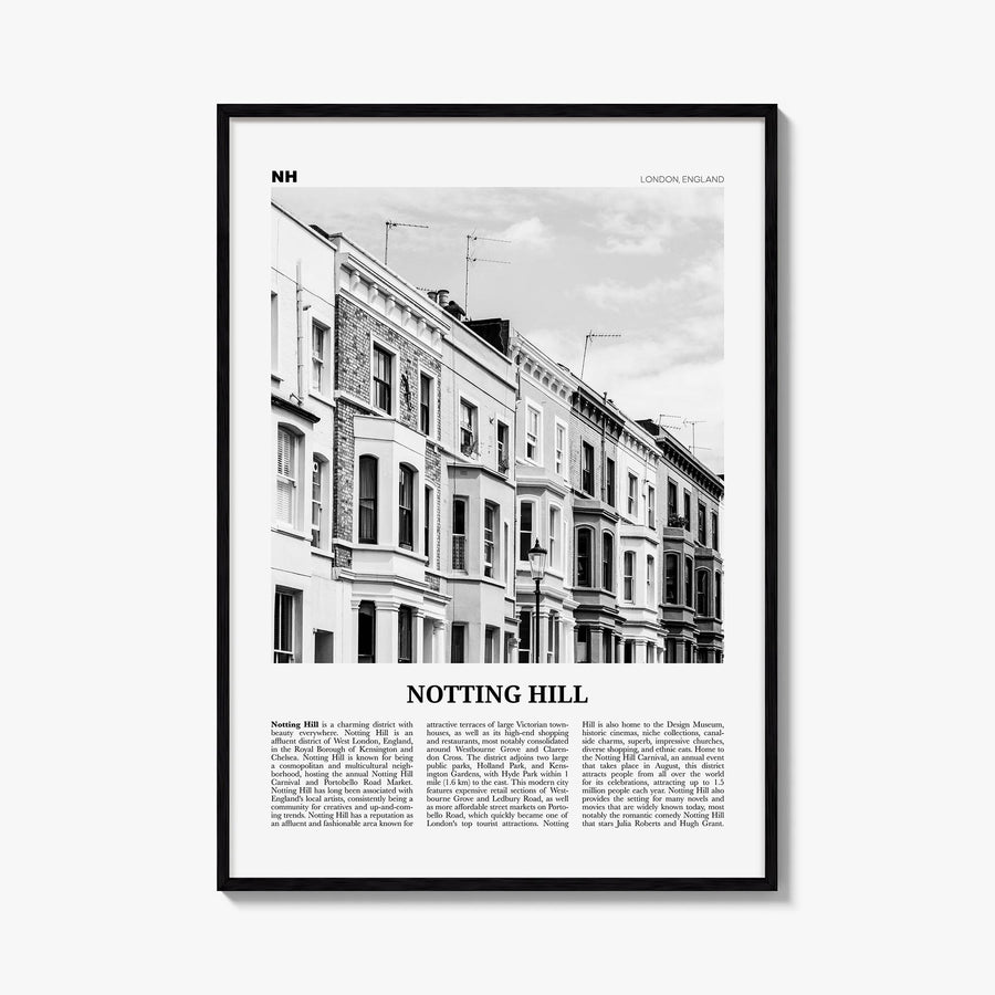 Notting Hill black & white newspaper poster of London, England – vertical wall art, unframed print shown in interior mockup
