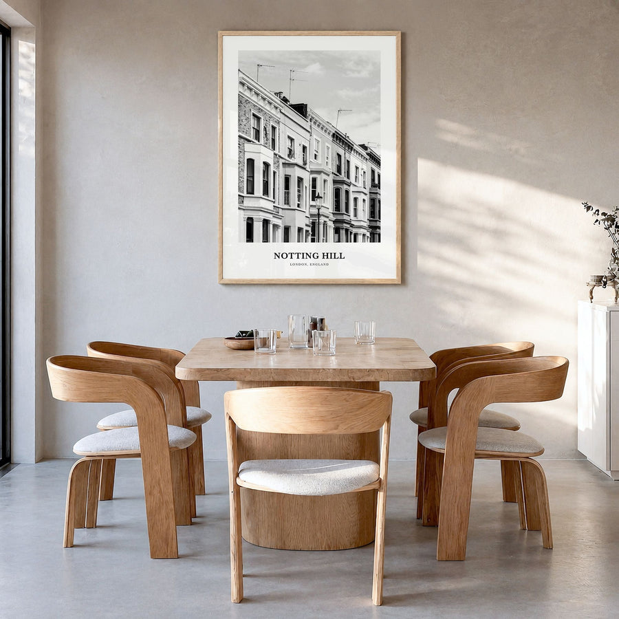 Notting Hill Classic Poster in a natural wood frame, hanging in a dining room