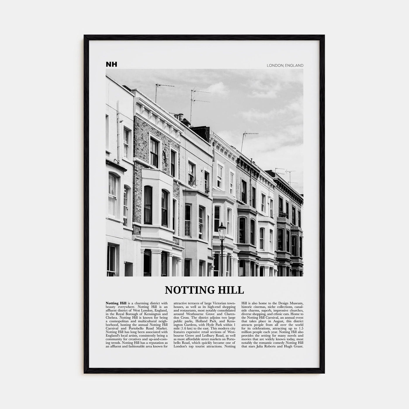 Notting Hill Poster Black Wood / 8x12 in Nbourhood Travel B&W Poster