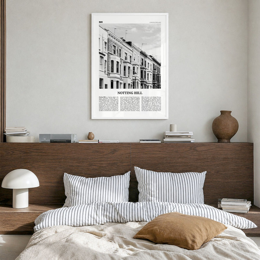 Notting Hill Newspaper Poster in a white wood frame, hanging in a bedroom