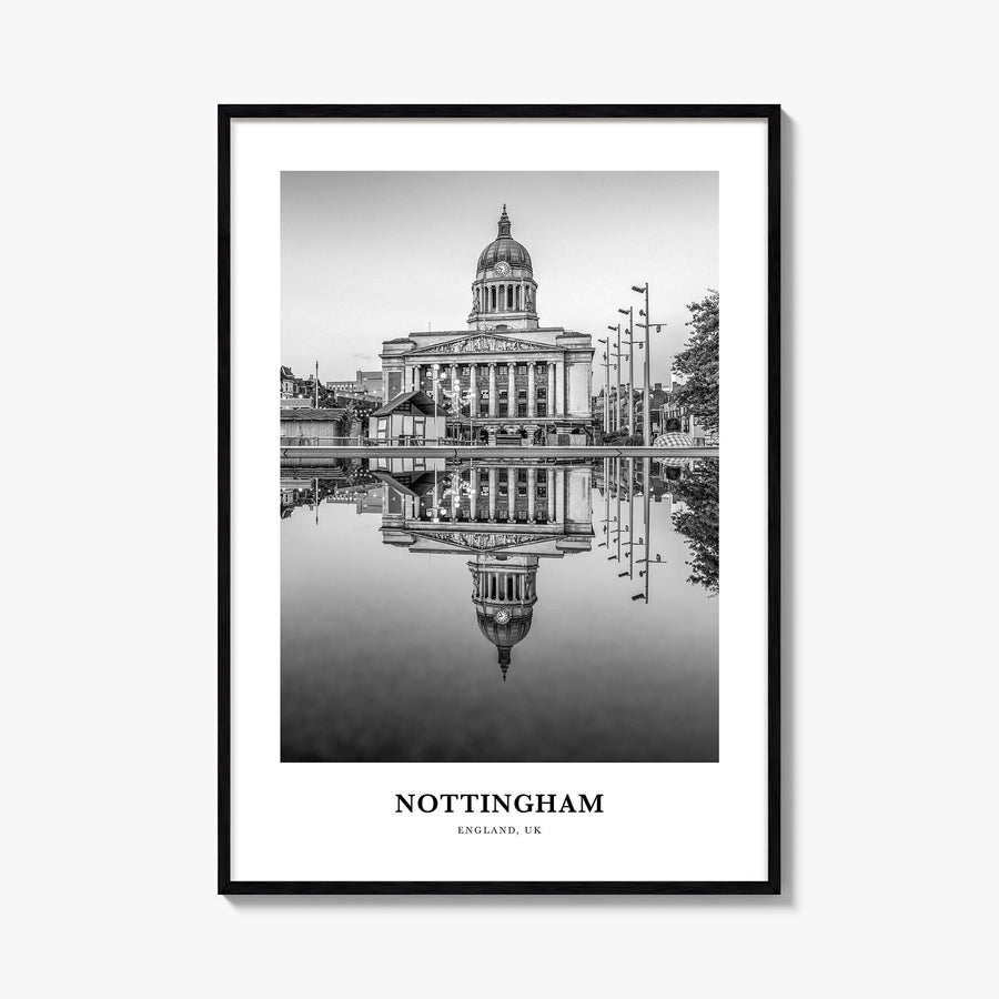 Nottingham black & white classic poster of England, UK – vertical wall art, unframed print shown in interior mockup