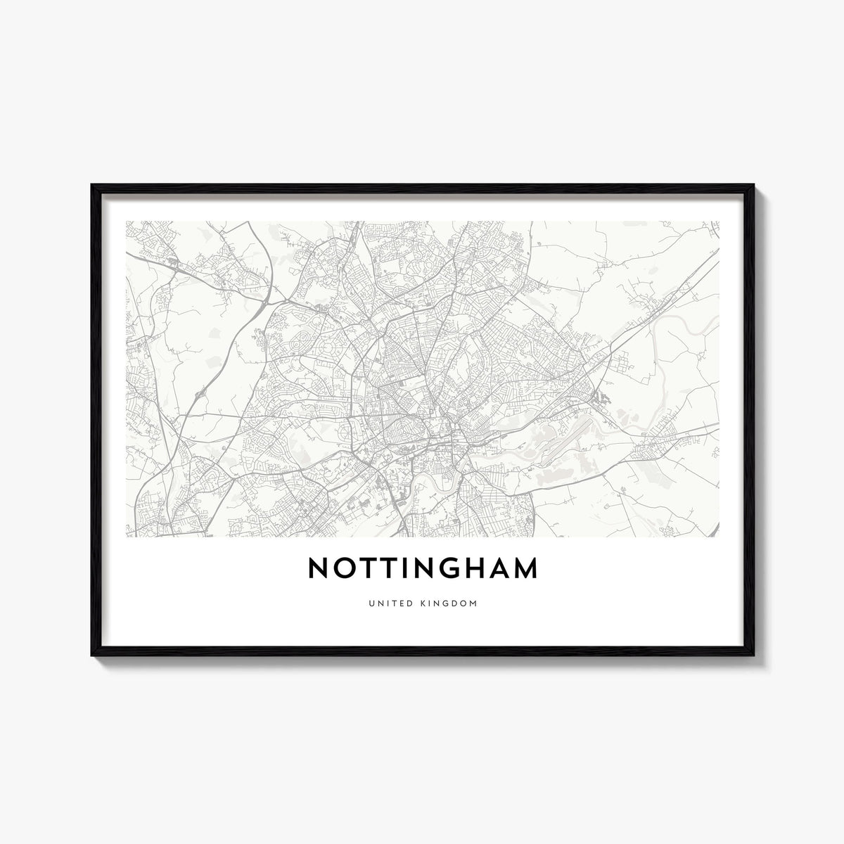 Nottingham black & white map poster of England, UK – horizontal wall art, unframed print shown in interior mockup