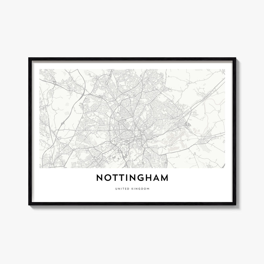 Nottingham black & white map poster of England, UK – horizontal wall art, unframed print shown in interior mockup