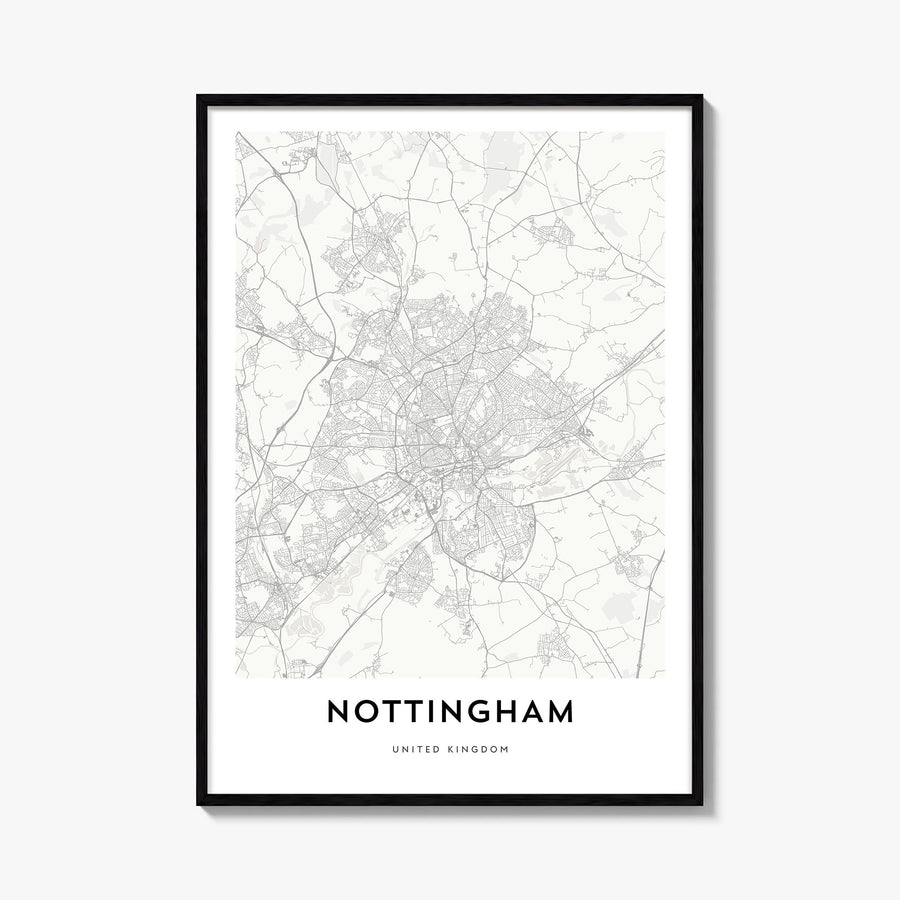 Nottingham black & white map poster of England, UK – vertical wall art, unframed print shown in interior mockup
