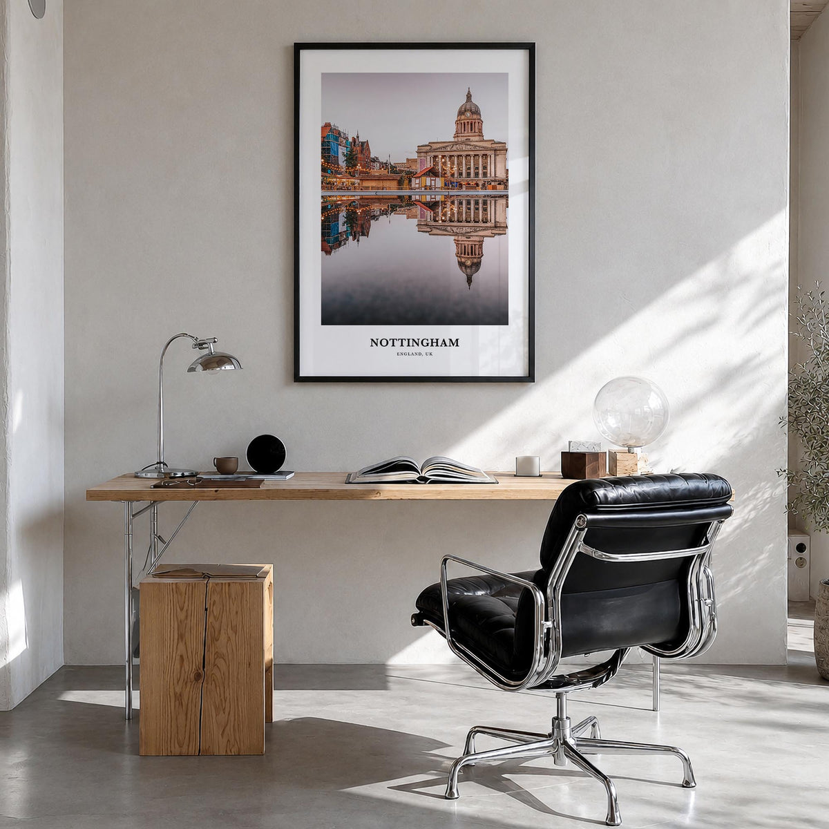 Nottingham colorful classic poster of England, UK – vertical wall art in black wood frame, hanging on wall