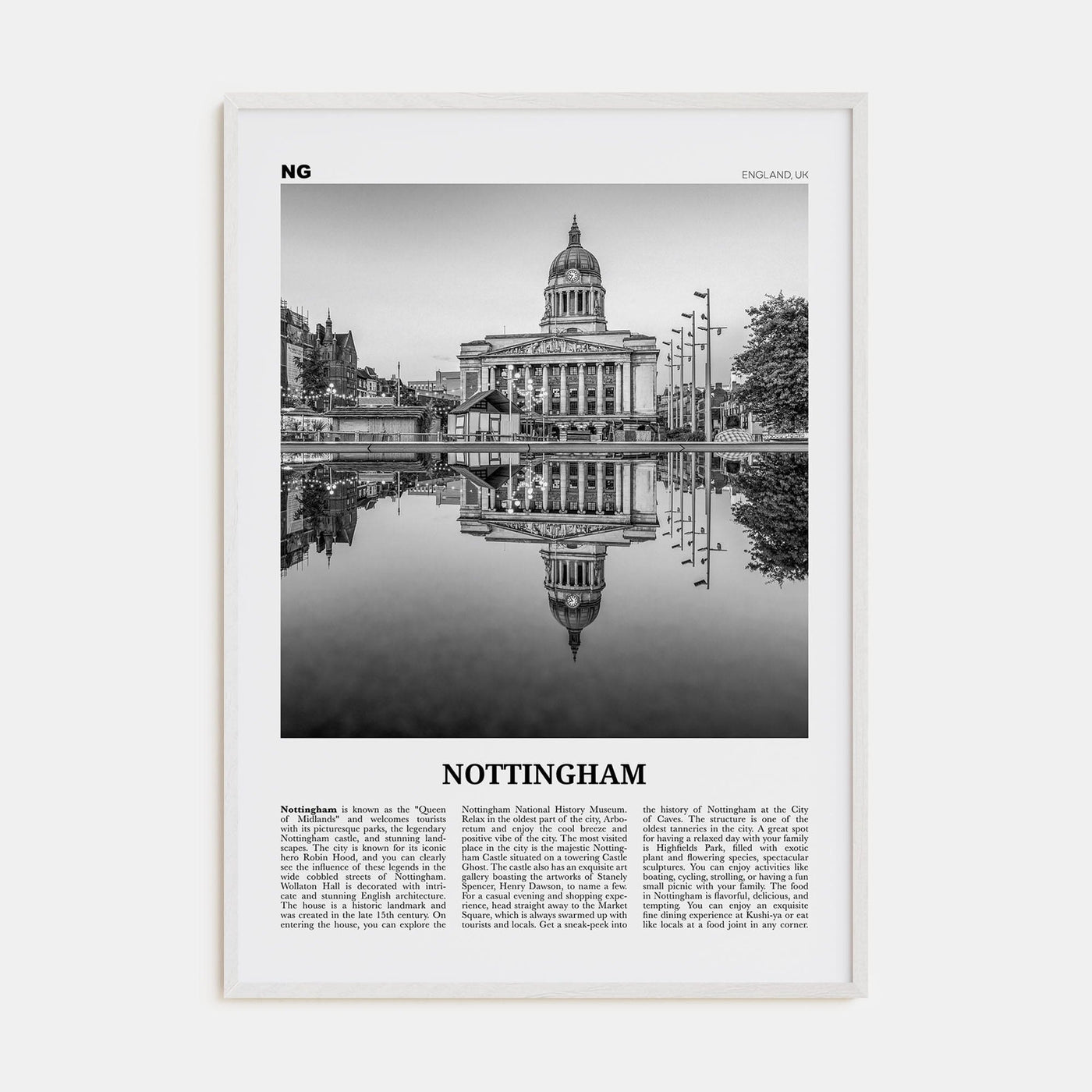 Nottingham Poster White Wood / 8x12 in Nbourhood Travel B&W Poster