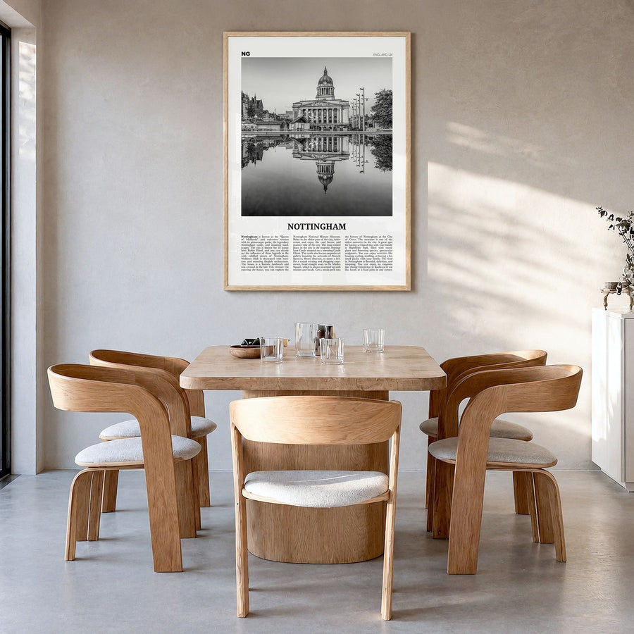 Nottingham Newspaper Poster in a natural wood frame, hanging in a dining room