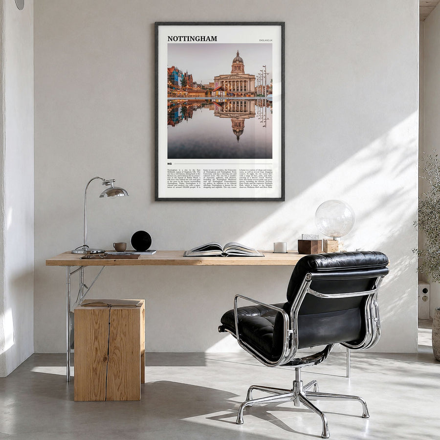 Nottingham Travel Poster in a black wood frame, hanging in a bright home office