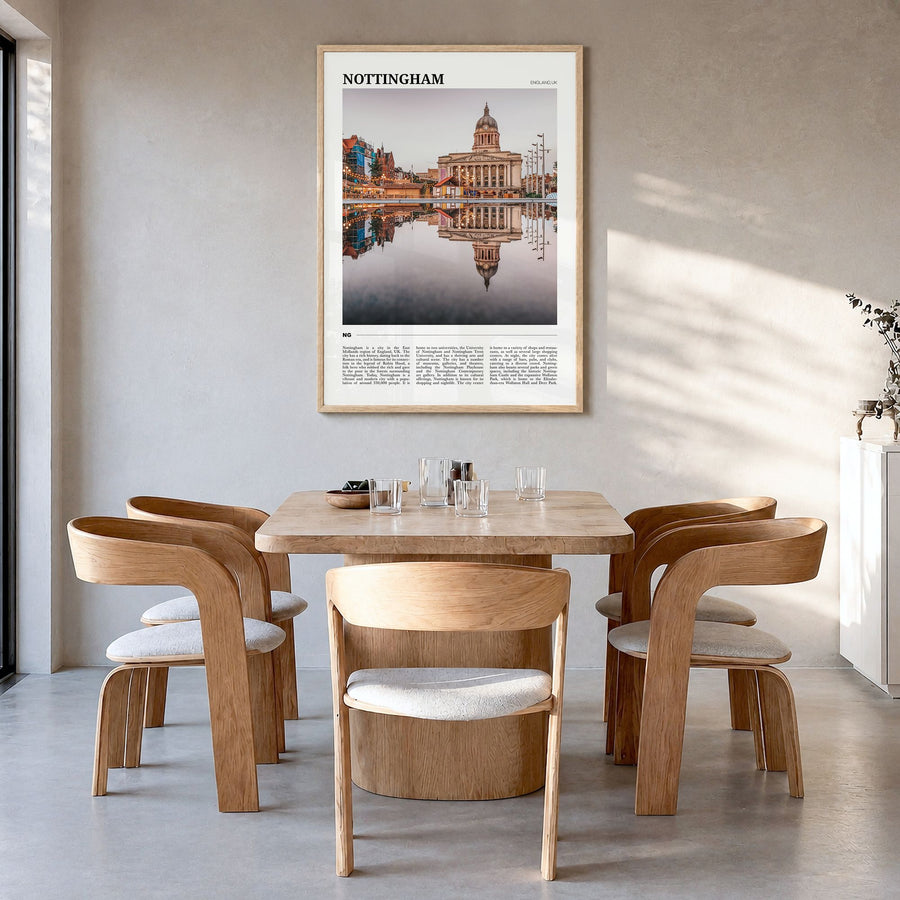 Nottingham Travel Poster in a natural wood frame, hanging in a dining room