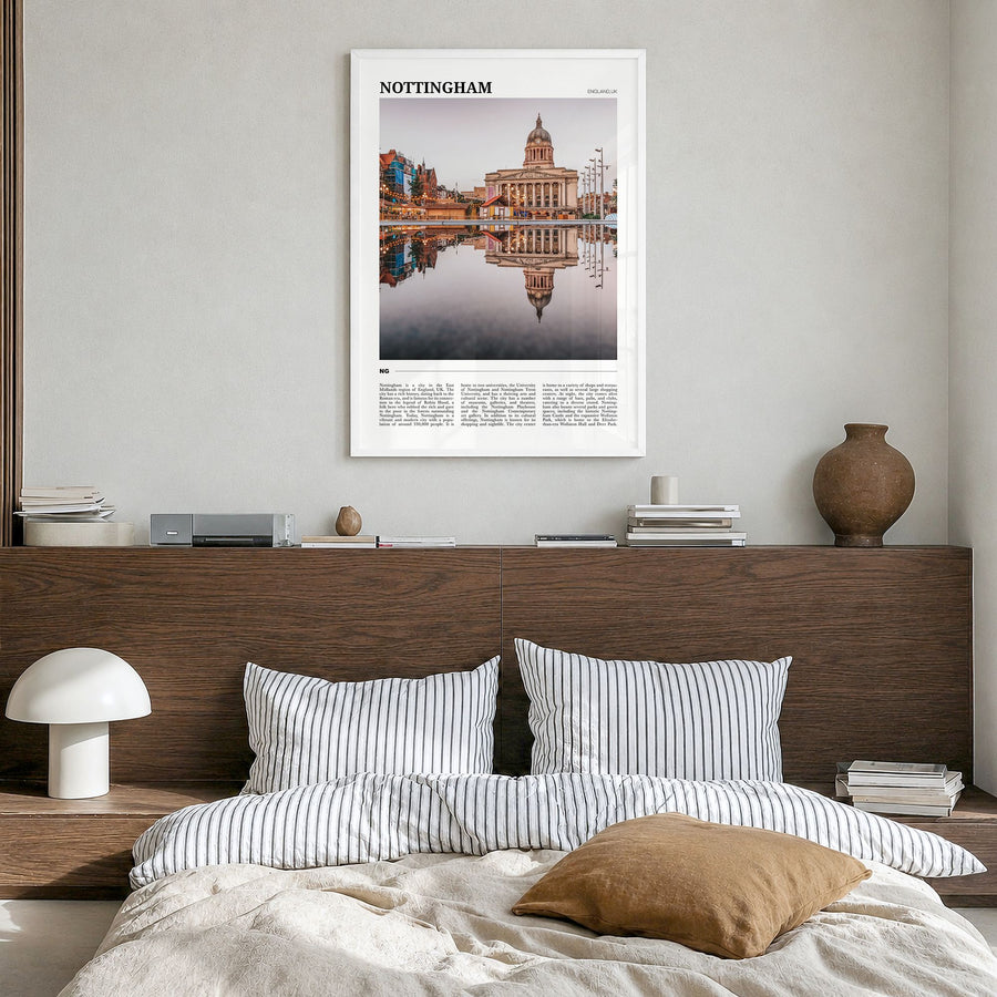 Nottingham Travel Poster in a white wood frame, hanging in a bedroom