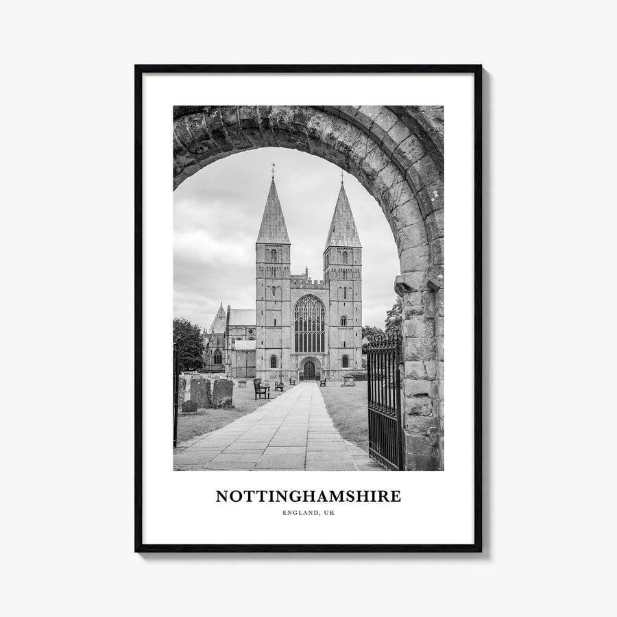 Nottinghamshire black & white classic poster of United Kingdom – vertical wall art, unframed print shown in interior mockup