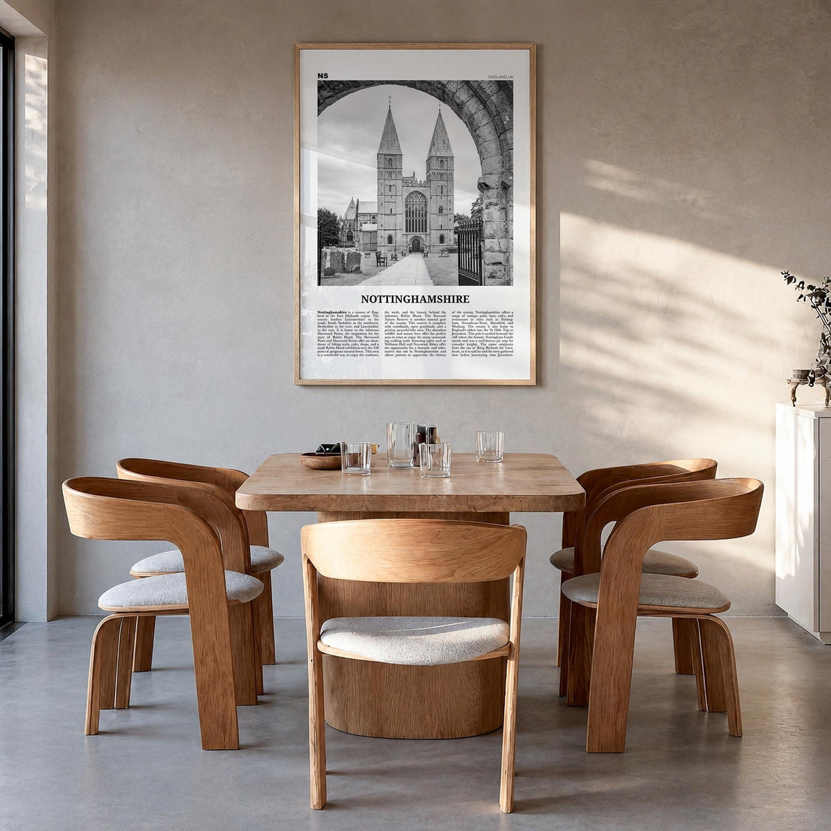 Nottinghamshire black & white newspaper poster of United Kingdom – vertical wall art in natural wood frame, hanging on wall