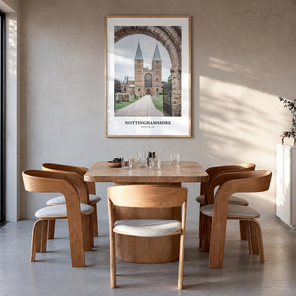 Nottinghamshire colorful classic poster of United Kingdom – vertical wall art in natural wood frame, hanging on wall