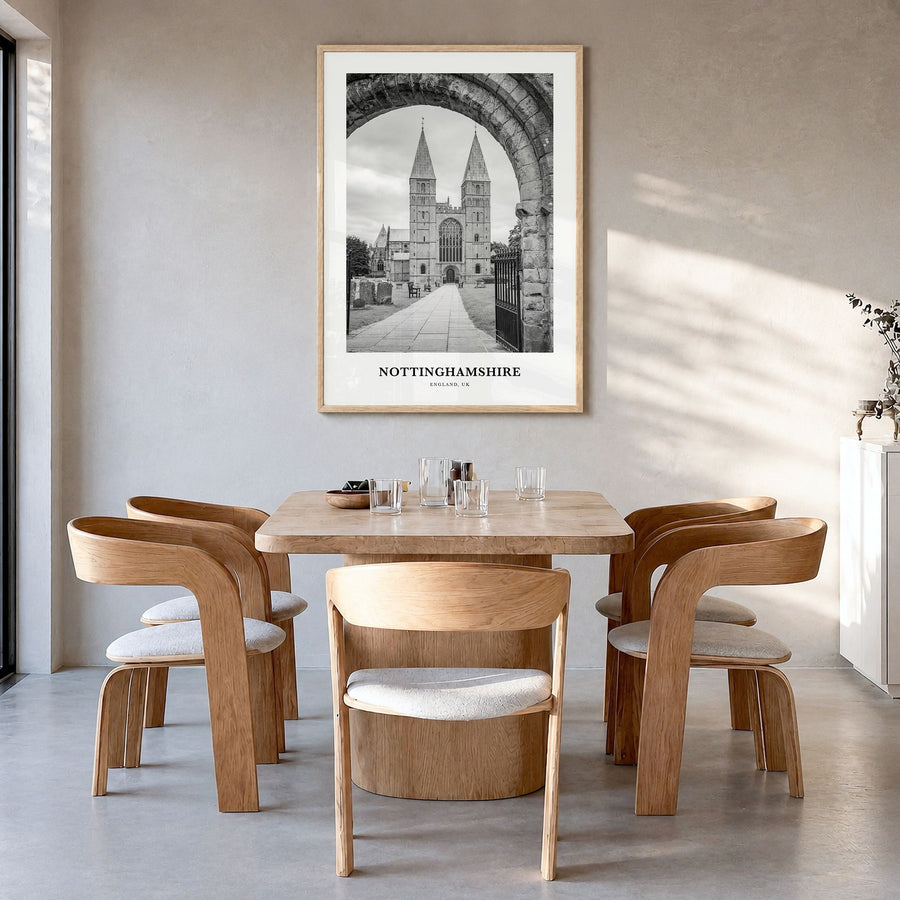 Nottinghamshire Classic Poster in a natural wood frame, hanging in a dining room