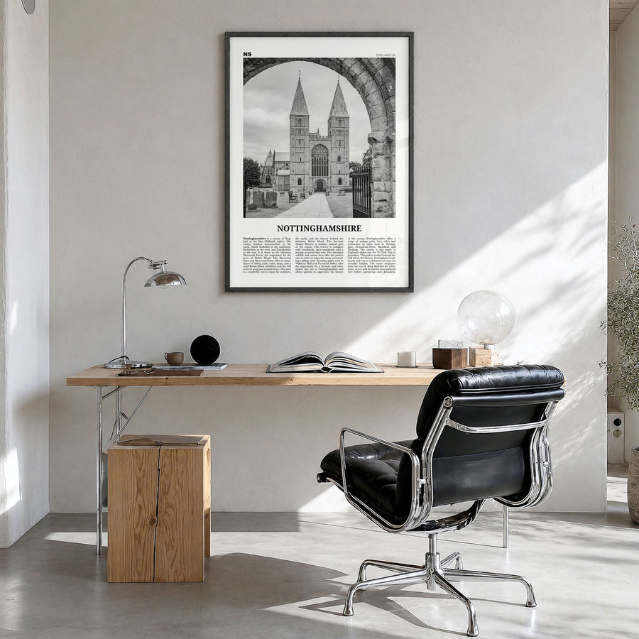 Nottinghamshire Newspaper Poster in a black wood frame, hanging in a bright home office