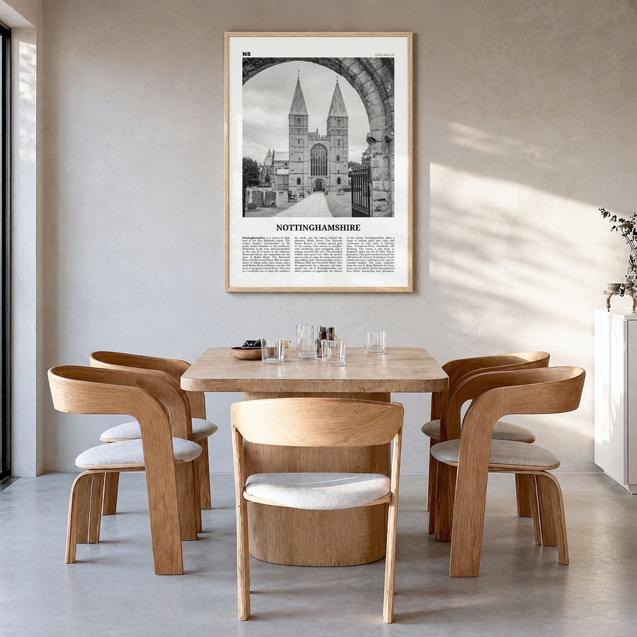 Nottinghamshire Newspaper Poster in a natural wood frame, hanging in a dining room