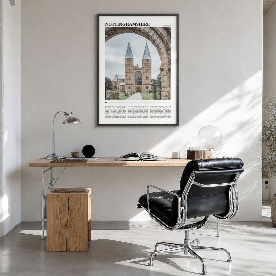Nottinghamshire Travel Poster in a black wood frame, hanging in a bright home office