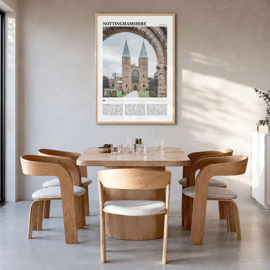 Nottinghamshire Travel Poster in a natural wood frame, hanging in a dining room
