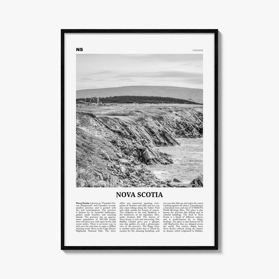 Nova Scotia black & white newspaper poster of Canada – vertical wall art, unframed print shown in interior mockup
