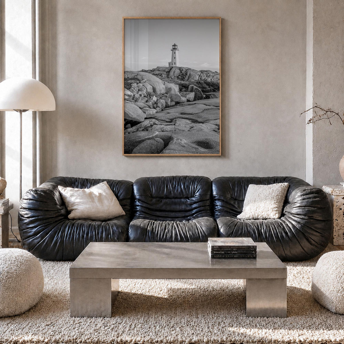 Nova Scotia black & white photo poster of Canada – vertical wall art in natural wood frame, hanging on wall