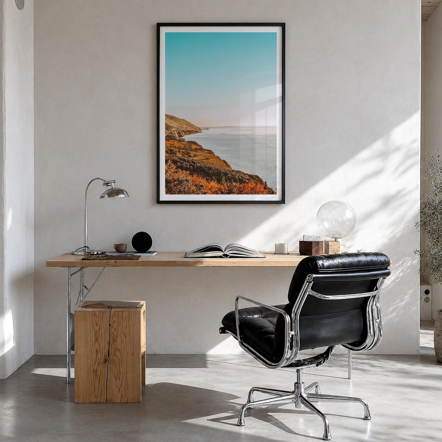 Nova Scotia colorful photo poster of Canada – vertical wall art in black wood frame with white border, hanging on wall