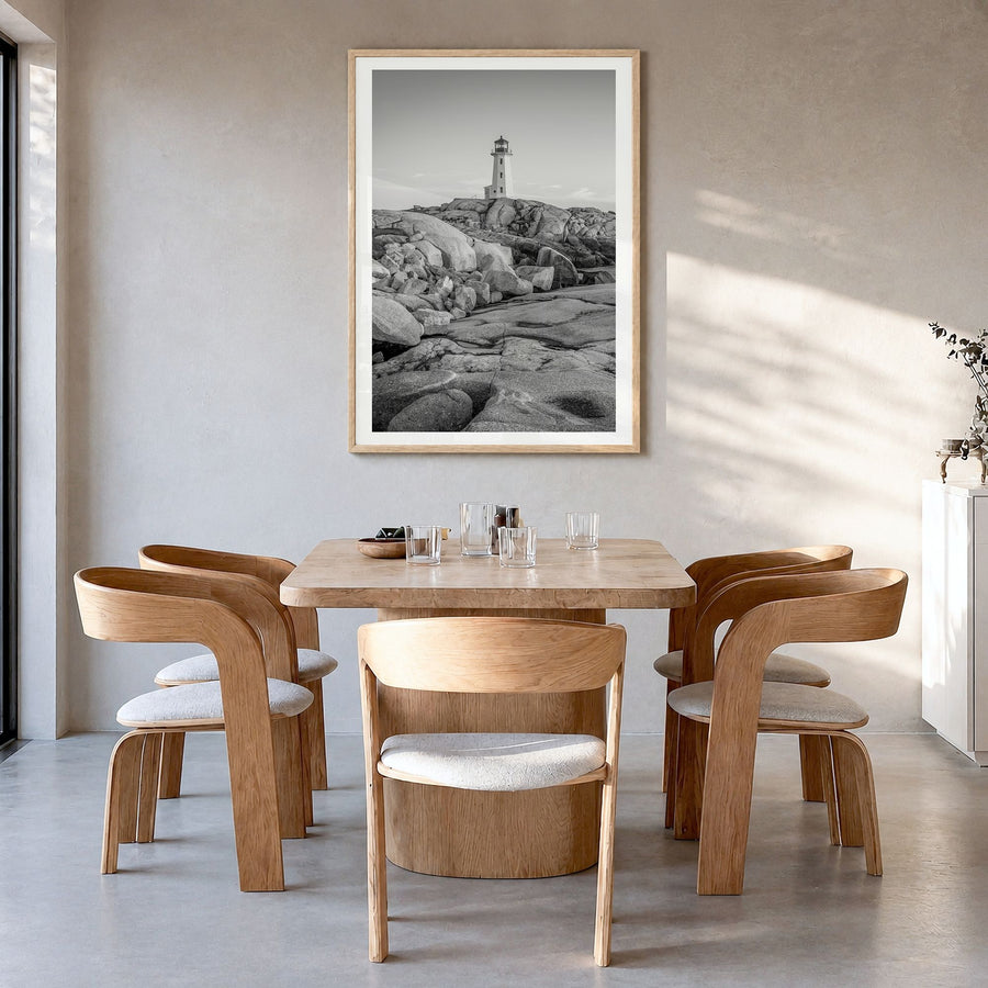Nova Scotia Photo Poster in a natural wood frame, hanging in a dining room, white border