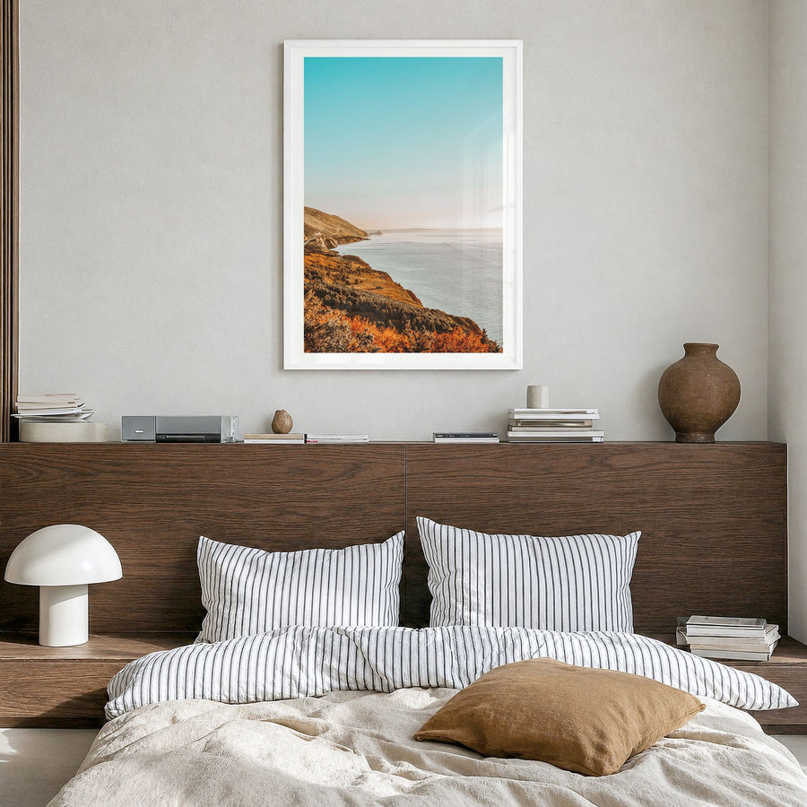Nova Scotia Photo Poster in a white wood frame, hanging in a bedroom, white border