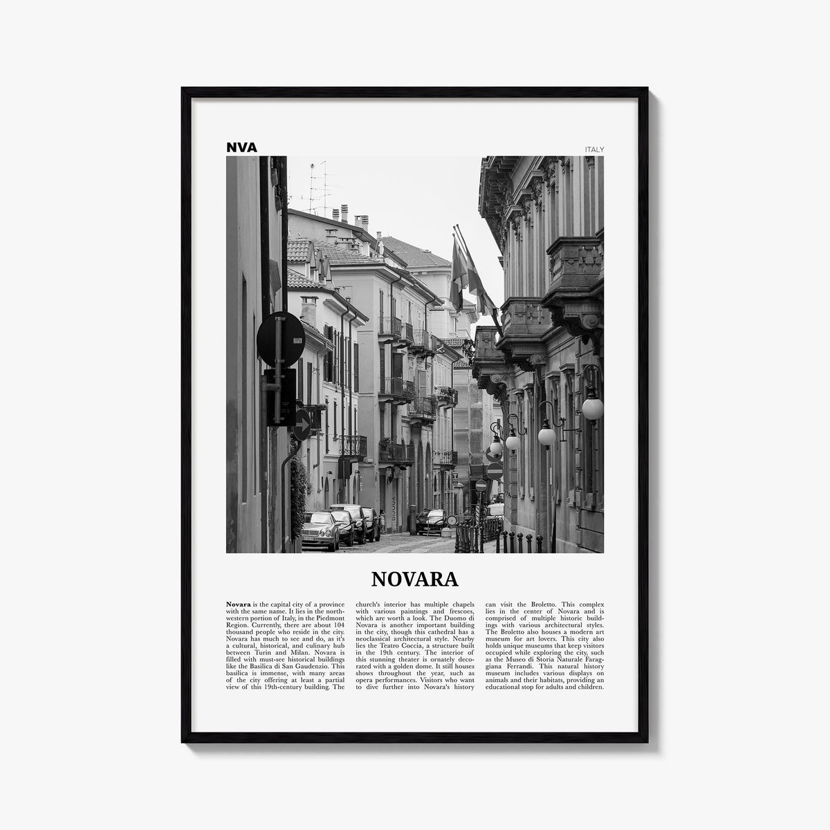 Novara black & white newspaper poster of Italy – vertical wall art, unframed print shown in interior mockup