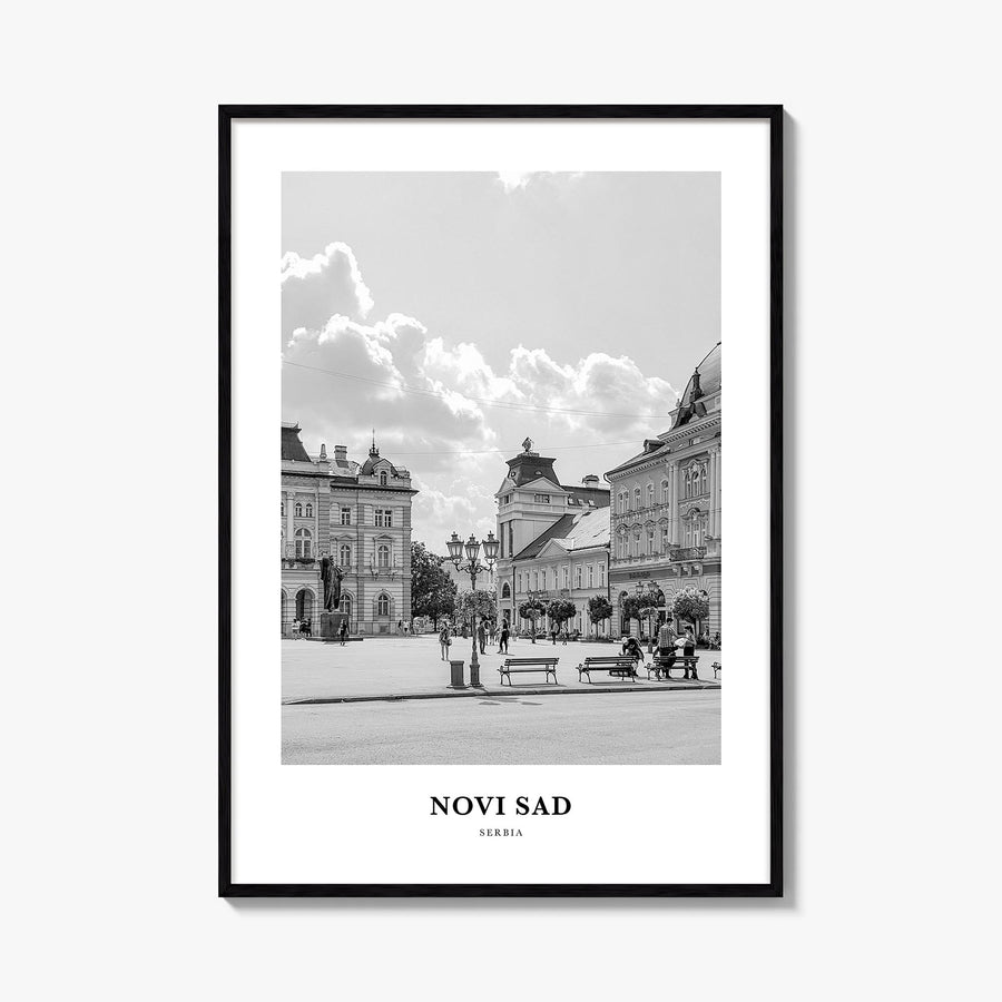 Novi Sad black & white classic poster of Serbia – vertical wall art, unframed print shown in interior mockup
