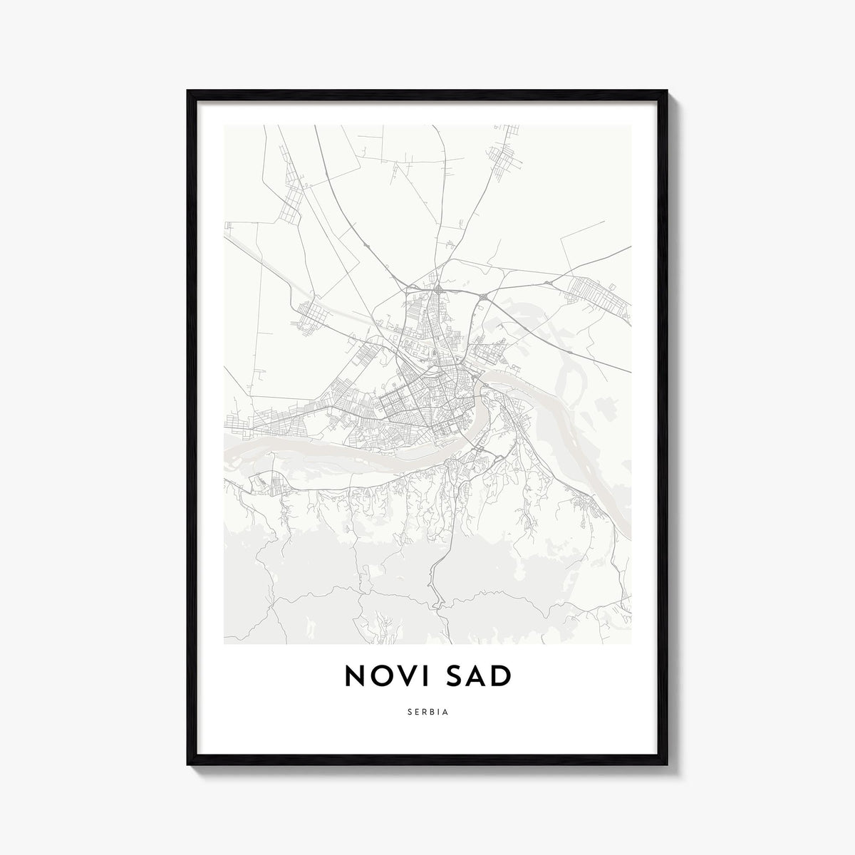 Novi Sad black & white map poster of Serbia – vertical wall art, unframed print shown in interior mockup
