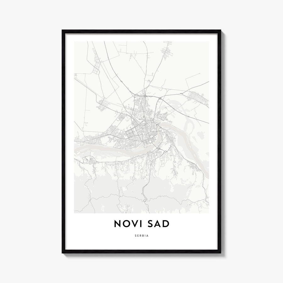 Novi Sad black & white map poster of Serbia – vertical wall art, unframed print shown in interior mockup