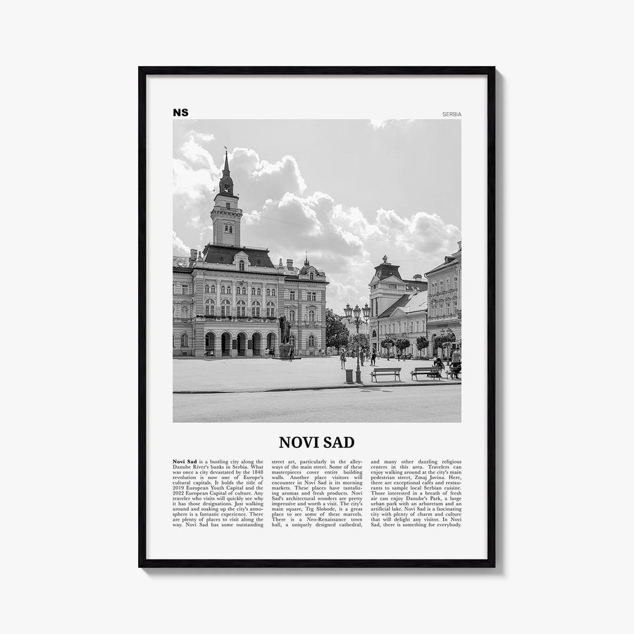 Novi Sad black & white newspaper poster of Serbia – vertical wall art, unframed print shown in interior mockup
