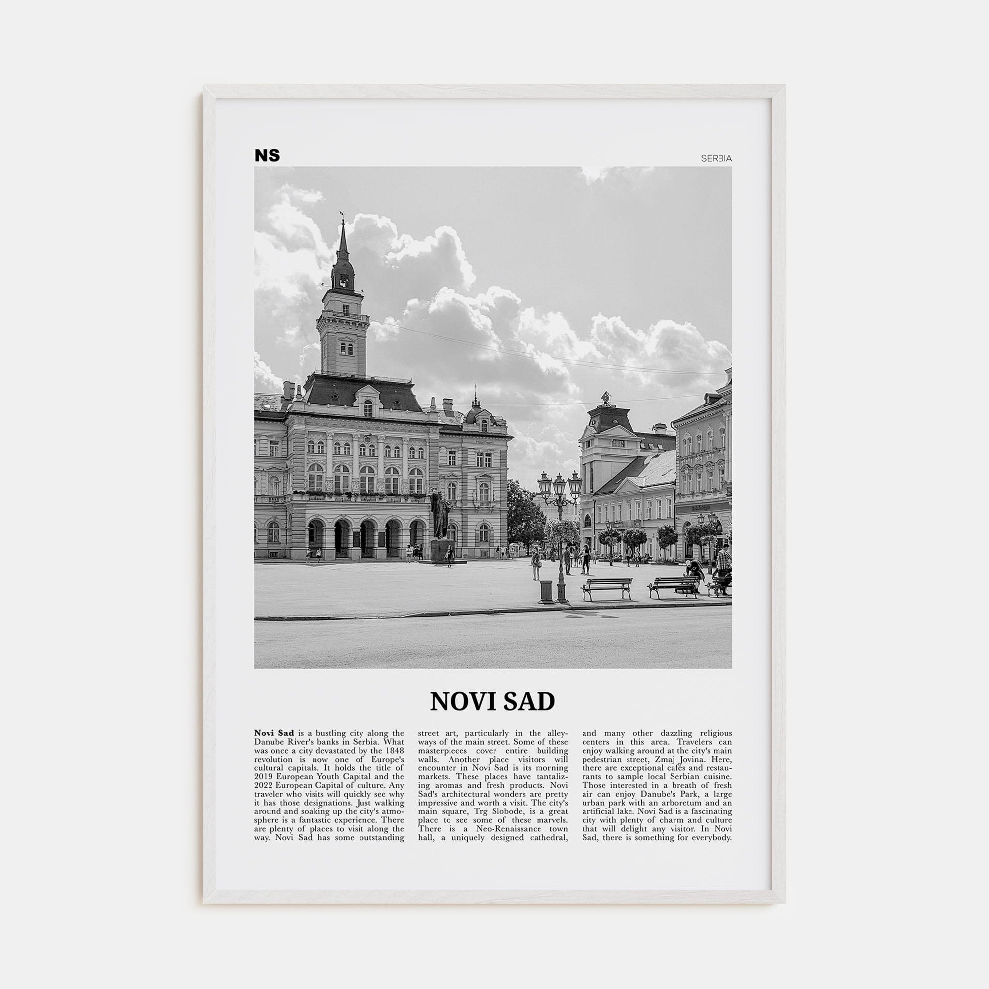 Novi Sad Poster White Wood / 8x12 in Nbourhood Travel B&W Poster