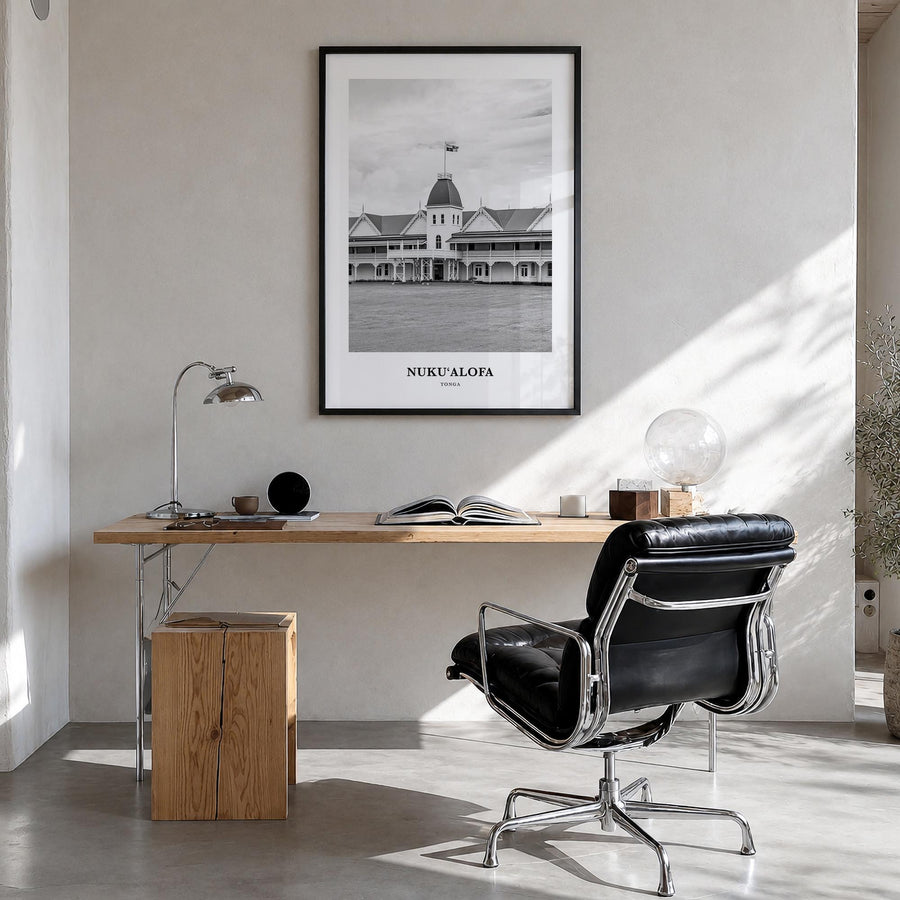 Nuku'alofa black & white classic poster of Tonga – vertical wall art in black wood frame, hanging on wall